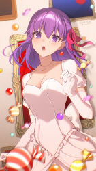 1girl bow breasts candy collared_shirt cowboy_shot cross cross_necklace dress elbow_gloves falling_candy fate/stay_night fate_(series) food gloves hair_bow highres jewelry large_breasts long_hair looking_at_viewer matou_sakura necklace no_pupils official_alternate_costume open_clothes purple_eyes purple_hair red_bow shirt so_zei_tama_tama solo white_dress white_gloves wrapped_candy