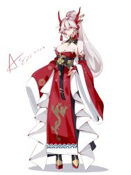 1girl 2024 absurdres artist_name asin bare_shoulders breasts bridal_gauntlets chinese_clothes chinese_zodiac cleavage closed_mouth dated detached_collar detached_sleeves dragon_girl dragon_horns dragon_print dress full_body grey_hair hair_between_eyes hair_ornament hair_stick highres horns japanese_clothes jewelry kimono large_breasts long_hair long_sleeves looking_at_viewer multicolored_hair obi original ponytail red_dress red_eyes red_kimono red_sleeves sash signature simple_background solo standing streaked_hair very_long_hair white_background white_hair wide_sleeves year_of_the_dragon