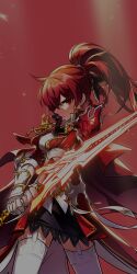 1girl aiguillette armor black_skirt bow bracer cape closed_mouth coat cowboy_shot crossed_bangs determined elesis_(elsword) elsword faulds frown furrowed_brow gauntlets glowing glowing_sword glowing_weapon hair_between_eyes hair_over_one_eye high_ponytail highres holding holding_sword holding_weapon hwansang lace lace-trimmed_skirt lace_trim light_particles long_hair long_sleeves looking_at_viewer loose_hair_strand miniskirt official_art pauldrons pointy_nose ponytail red_bow red_cape red_coat red_eyes red_hair ribbed_thighhighs second-party_source shirt shoulder_armor simple_background skirt solo standing sword thighhighs weapon white_shirt white_thighhighs