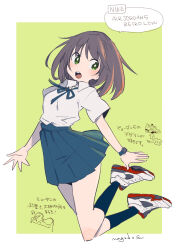 1girl blue_skirt blush brown_hair dated green_background green_eyes highres mago neck_ribbon open_mouth original pleated_skirt ribbon shirt shoes short_hair short_sleeves skirt sneakers solo white_shirt
