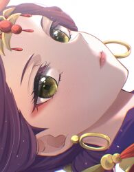 Rule 34 | 1girl, chromatic aberration, close-up, closed mouth, earrings, expressionless, eyeshadow, highres, jewelry, kusuriya no hitorigoto, light blush, lipstick, looking at viewer, loulan (kusuriya no hitorigoto), makeup, omichi 1219, purple hair, simple background, solo, white background, yellow eyes