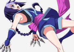 1girl black_hair blue_shorts braid breasts highres holding holding_kunai holding_weapon japanese_clothes kunai long_hair looking_at_viewer makimachi_misao ninja open_mouth panties rurouni_kenshin sash shorts simple_background single_braid solo toku_sonchou underwear very_long_hair weapon white_background white_panties