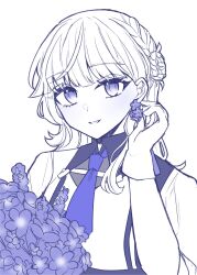 Rule 34 | 1girl, blush, collared shirt, commentary request, eyelashes, flower, gloves, hair bun, highres, holding, holding flower, kantai collection, long hair, looking at viewer, monochrome, nagi kantai114, necktie, parted lips, purple theme, ranger (kancolle), shirt, simple background, solo, upper body