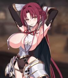 1girl animated animated_gif armor armpits arms_behind_head arms_up belt blurry blurry_background bouncing_breasts breasts cape chain character_request detached_sleeves gold hairband hairband_in_mouth kay_(lost_sword) large_breasts lost_sword:_tales_of_britania ponytail red_hair rubber_band smile underboob yellow_eyes