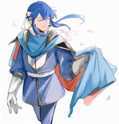 1boy armor backlighting belt bishounen blue_cape blue_hair blue_pants blue_tunic cape cape_hold chromatic_aberration closed_eyes cowboy_shot falling_petals fire_emblem fire_emblem:_genealogy_of_the_holy_war floating_hair gloves hanaura_02 headband headgear high_collar long_sleeves low_ponytail male_focus nintendo pants pauldrons petals pink_petals ponytail puffy_long_sleeves puffy_sleeves red_cape seliph_(fire_emblem) shoulder_armor sidelocks solo tunic two-sided_cape two-sided_fabric walking white_background white_belt white_gloves white_headband