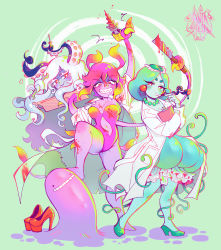 2022 3girls absurdres artist_name barefoot blonde_hair blood breasts bright_pupils cleavage closed_mouth clothing_cutout earrings evil_grin evil_smile fangs fangs_out green_footwear green_hair grin high_heels highres humphrey_(omori) jewelry large_breasts leotard long_hair looking_at_viewer marina_(omori) medusa_(omori) molly_(omori) monster_girl multicolored_hair multiple_girls navel navel_cutout necklace omori parted_lips pink_hair pink_leotard red_eyes red_footwear screwdriver sharp_teeth short_hair sintastein slime_girl slime_girls_(omori) smile teeth tentacle_hair tentacle_hands white_hair white_pupils wrench