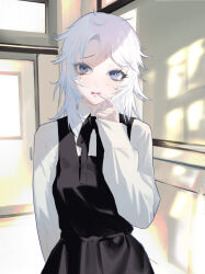 1girl absurdres chainsaw_man commentary crying crying_with_eyes_open dress famine_devil_(chainsaw_man) fourth_east_high_school_uniform highres ivdimension messy_hair ringed_eyes school_uniform sleeveless sleeveless_dress solo tears white_hair