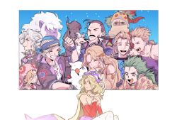 3girls 6+boys bare_shoulders beard black_jacket blonde_hair blue_background border breasts brothers brown_hair cape celes_chere closed_eyes colored_skin cyan_garamonde detached_sleeves dress edgar_roni_figaro facial_hair fang fangs fangs_out final_fantasy final_fantasy_vi garbage_paper gau gogo green_hair grey_hair grin hair_ribbon headscarf highres jacket locke_cole long_hair low_ponytail medium_breasts mog mohawk moogle multiple_boys multiple_girls mustache parted_bangs pointy_ears ponytail purple_skin red_dress red_sleeves relm_arrowny ribbon sabin_rene_figaro scar scar_across_eye scar_on_face setzer_gabbiani shadow_(ff6) siblings smile strago_magus strapless strapless_dress tina_branford tube_dress twins umaro wavy_hair white_border white_hair yellow_cape yellow_sleeves yeti_(creature)