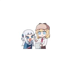 2girls amputee animated bad_id bad_twitter_id biting blonde_hair blue_eyes blue_hair blue_hoodie blush_stickers brown_headwear brown_skirt bucket channel_(caststation) chibi closed_eyes collared_shirt cowboy_shot cropped_legs curb_your_enthusiasm deerstalker dress_shirt eating feeding fish gawr_gura guro hair_ornament hat hololive hololive_english hood hoodie long_hair minecraft multicolored_hair multiple_girls necktie open_mouth print_hoodie red_neckwear shark_hair_ornament shark_print sharp_teeth shirt short_hair silver_hair simple_background skirt smile streaked_hair teeth two-tone_hair two_side_up video virtual_youtuber watson_amelia white_background white_shirt wing_collar