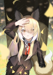 1girl absurdres animal_ear_fluff animal_ears arknights arm_up black_jacket blazer blonde_hair blush chinese_commentary commentary day eyes_visible_through_hair facial_scar falling_leaves from_above gora_mclaren grass hair_over_one_eye highres jacket leaf long_hair long_sleeves looking_at_viewer multicolored_hair necktie outdoors parted_lips plant red_necktie scar scar_on_cheek scar_on_face sitting solo streaked_hair tail tassel vulpisfoglia_(arknights) white_hair white_tail wind yellow_eyes yellow_tail