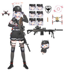 1girl absurdres ammunition_pouch animal_ears black_gloves black_thighhighs blue_archive blue_eyes boots bullet bulletproof_vest cape collarbone drone full_body gloves gun halo heterochromia highres holding holding_weapon hoshino_(blue_archive) jacket knee_pads kongxiang_he_li military_combat_uniform military_uniform pleated_skirt pouch school_uniform skirt solo standing tactical_clothes tactical_school_uniform thigh_strap thighhighs weapon white_hair yellow_eyes zettai_ryouiki