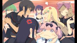 6+girls absurdres anger_vein angry arms_under_breasts black_bow black_bra black_hair black_necktie black_sailor_collar black_shirt black_skirt blonde_hair blue_eyes blue_hair blue_necktie blunt_bangs bow bra breasts brown_hair cleavage closed_eyes cross-shaped_pupils crossed_arms curly_hair dark-skinned_female dark_skin finger_in_ear game_cg glasses green_eyes green_hair hair_bow hair_ribbon hands_on_another&#039;s_face hanzou_academy_school_uniform haruka_(senran_kagura) hebijo_academy_school_uniform hibari_(senran_kagura) highres hikage_(senran_kagura) homura_(senran_kagura) large_breasts long_hair looking_at_another medium_hair midriff mirai_(senran_kagura) mole mole_on_breast multiple_girls necktie non-web_source official_art open_mouth orange_background pillarboxed pink_hair pink_ribbon plugging_ears ponytail ribbon rin_(senran_kagura) sailor_collar school_uniform senran_kagura senran_kagura_burst shirt short_hair shrugging sidelocks skirt slit_pupils stretching_cheeks sweatdrop swept_bangs symbol-shaped_pupils tan teacher underwear white_shirt yaegashi_nan yellow_eyes yomi_(senran_kagura)