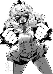 1girl breasts cibamatoxins clenched_hands commentary_request eri_(pokemon) facepaint foreshortening greyscale highres large_breasts monochrome necktie nintendo open_mouth pokemon pokemon_sv short_shorts shorts signature solo thighhighs translation_request