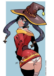 Rule 34 | 1girl, aqua eyes, ass, bare shoulders, black hair, blush, cosplay, crossover, embarrassed, genshin impact, grabbing own ass, hat, highres, kono subarashii sekai ni shukufuku wo!, kukuruyo, looking back, megumin, megumin (cosplay), mona (genshin impact), panties, twintails, underwear, witch hat