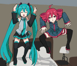 2girls :d :o ^_^ ahoge aqua_hair aqua_necktie arm_tattoo arms_up bed black_boots black_skirt boots closed_eyes detached_sleeves drill_hair grey_shirt hands_up hatsune_miku headset highres indoors jumping kasane_teto kasane_teto_(utau) lamp long_hair long_sleeves looking_at_viewer meme multiple_girls necktie open_mouth photo-referenced pleated_skirt red_eyes red_hair shirt skirt sleeveless sleeveless_shirt smile tattoo tenten_(chan4545) thigh_boots twin_drills twintails utau very_long_hair vocaloid youkai_gyaru_(meme)