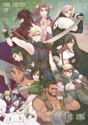 aerith_gainsborough anniversary arm_cannon armor barret_wallace beard black_hair blonde_hair brown_hair brown_vest buster_sword cait_sith_(final_fantasy) cid_highwind cloud_strife crop_top dark-skinned_male dark_skin dog_tags earrings english_text facial_hair final_fantasy final_fantasy_vii final_fantasy_vii_remake fingerless_gloves flower gatling_gun gloves gun holding holding_gun holding_weapon jewelry long_hair low-tied_long_hair marlene_wallace masamune_(ff7) materia multiple_boys open_mouth prosthetic_weapon red_eyes red_xiii ringomell_ura sephiroth shirt short_hair shoulder_armor sleeveless sleeveless_turtleneck smile smoking spiked_hair suspenders suspenders_gap tank_top teardrop_earrings tifa_lockhart torn_clothes torn_sleeves turtleneck very_short_hair vest vincent_valentine weapon white_tank_top yuffie_kisaragi zack_fair