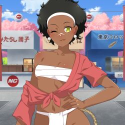 1girl bandages black_hair blue_sky breasts challengia cloud cloudy_sky collarbone dark_skin day earrings facial_mark festival fundoshi green_eyes hand_on_own_hip japanese_clothes jewelry kimono looking_at_viewer navel nchans nchans_style official_art one_eye_closed orcaleon red_kimono sky small_breasts vluchan wink