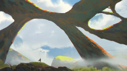 Rule 34 | 1boy, cambocreation, cloak, cloud, cloudy sky, fog, from behind, grass, hill, mountain, original, painterly, rock, scenery, science fiction, sky, standing, watermark, wind
