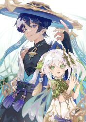 1boy 1girl armlet armor belt black_belt black_bodysuit black_bow black_bridal_gauntlets black_hair black_shorts blue_cape blue_hat blue_kimono blunt_ends bodysuit bow bracelet bridal_gauntlets bright_pupils cape ccccaex closed_mouth covered_collarbone cross-shaped_pupils curled_fingers detached_sleeves dress eyelashes eyeliner eyeshadow feathers genshin_impact gold gold_ring gold_trim green_eyes green_hair green_sleeves hair_between_eyes hair_intakes hair_ornament hakama hakama_shorts half_crown_braid han&#039;eri hand_up hat heart heart_hair_ornament height_difference highres japanese_armor japanese_clothes jewelry jingasa kimono kote kurokote layered_kimono leaf leaf_hair_ornament long_hair looking_at_viewer lower_teeth_only makeup mandarin_collar middle_ring multicolored_hair nahida_(genshin_impact) open_clothes open_hand open_kimono open_mouth own_hands_together pleated_shorts pointy_ears pom_pom_(clothes) purple_eyes purple_rope purple_sash red_eyeliner red_eyeshadow rope sash scaramouche_(genshin_impact) short_sleeves shorts shoulder_peek side_ponytail sidelocks smile steepled_fingers streaked_hair symbol-shaped_pupils tassel teeth tsurime wanderer_(genshin_impact) white_dress white_hair white_kimono white_pupils white_sleeves yellow_feathers