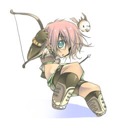1girl arrow_(projectile) bald_eagle bird boots bow_(weapon) brown_gloves brown_shirt brown_shorts brown_socks chibi chibi_only commentary_request crop_top eagle elbow_gloves fingerless_gloves full_body gloves green_eyes grey_boots holding holding_bow_(weapon) holding_weapon hunter_(ragnarok_online) looking_at_viewer matoyuuki midriff open_mouth pink_hair ragnarok_online shirt short_hair shorts shorts_under_skirt simple_background socks solo weapon white_background