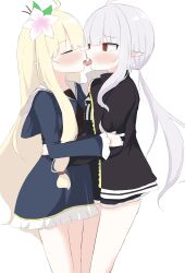 2girls absurdres blonde_hair character_request check_character check_copyright closed_eyes copyright_request dress french_kiss frilled_dress frilled_sleeves frills highres jacket kiss long_hair multiple_girls open_clothes open_jacket red_eyes simple_background user_yths2234 yuri