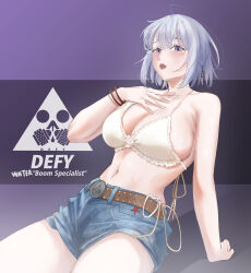 Rule 34 | 1girl, absurdres, alternate costume, arm behind back, arm support, belt, bikini, bikini top only, blue shorts, blush, bra, bracelet, breasts, brown belt, cleavage, collarbone, cosplay, defy (girls&#039; frontline), denim, denim shorts, elloinoire, english text, feet out of frame, girls&#039; frontline, grey hair, hand on own chest, highres, jewelry, kwon eun-bi, kwon eun-bi (cosplay), large breasts, leaning back, looking at viewer, medium hair, navel, open clothes, open mouth, purple background, purple eyes, real life, rpk-16 (girls&#039; frontline), shorts, simple background, sitting, solo, swimsuit, underwear, white bra