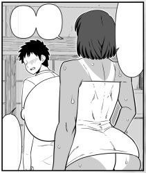 1boy 1girl aki_(amazon) amazon_(taitaitaira) ass backboob bare_arms bare_shoulders blush blushing_male breasts faceless faceless_male from_behind gigantic_breasts huge_breasts medium_hair monochrome mouth_hold nipples short_hair standing sweat tagme tan tanline teeth_hold textless_version towel visible_ears yuu_(amazon)