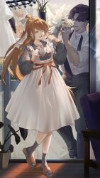 1boy 1girl :d absurdres ankle_socks bird black_necktie blue_eyes blurry blurry_background bow cityscape clothes_rack cloud cloudy_sky collarbone collared_shirt commentary_request couch cup denim dove dress dress_shirt fang food full_body grey_pants grey_shirt grey_socks hair_bow hands_up high_ponytail highres holding holding_cup holding_food holding_sandwich indoors ingenkita jeans jewelry knees_up long_hair long_sleeves lower_teeth_only mask mouth_mask necklace necktie one_eye_closed open_mouth orange_eyes orange_hair orange_ribbon original pants parted_lips plant ponytail potted_plant puffy_sleeves ribbon sandals sandwich shirt short_hair sidelocks sky sleeves_rolled_up slides smile socks standing standing_on_one_leg stifled_laugh t-shirt teeth undone_necktie very_long_hair white_bow white_dress white_shirt white_sky wooden_floor
