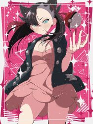 Rule 34 | 1girl, asymmetrical bangs, black choker, black hair, black jacket, blush, breasts, choker, closed mouth, dress, earrings, fujiwara hiro (kaede ciao), green eyes, highres, jacket, jewelry, long sleeves, marnie (pokemon), nintendo, open clothes, pink dress, poke ball, poke ball (basic), pokemon, pokemon swsh, red ribbon, ribbon, solo, twintails