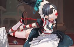 1girl 240mmap aris_(blue_archive) aris_(maid)_(blue_archive) ball_gag bdsm belt_collar black_blindfold black_dress black_shoes blindfold blue_archive blue_halo bondage bound breasts collar commentary crying crying_with_eyes_open dress drooling gag gagged garter_straps halo highres kei_(robot)_(blue_archive) long_hair maid maid_headdress mop official_alternate_costume panties pink_eyes puffy_short_sleeves puffy_sleeves rectangular_halo red_collar restrained shibari shoes short_sleeves slave small_breasts tears thighhighs underwear white_panties white_thighhighs