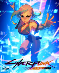 1girl artist_name bare_shoulders blurry blurry_background breasts cleavage copyright_name cyberpunk_(series) cyberpunk_edgerunners cyborg eyeliner highres large_breasts looking_at_viewer lucy_(cyberpunk) makeup off-shoulder_jacket off_shoulder open_hand parted_bangs parted_lips red_eyeliner solo sykosan