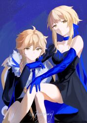 1girl absurdres aether_(genshin_impact) bare_shoulders blonde_hair blue_gloves dress genshin_impact gloves hair_between_eyes hair_ornament highres long_hair long_sleeves looking_at_viewer lumine_(genshin_impact) short_hair simple_background tagme yu_yuan_(molly1093594508)