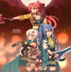 3girls absurdres artist_name azumishard bike_shorts black_gloves blue_hair breasts brown_gloves cleavage_cutout clothing_cutout coat commentary commission cropped_jacket double-parted_bangs dual_wielding eiyuu_densetsu elbow_gloves english_commentary english_text fie_claussell fingerless_gloves floating_hair gloves gun gunblade hair_between_eyes highres holding holding_gun holding_sword holding_weapon laura_s._arseid long_hair looking_at_viewer medium_breasts multiple_girls one_eye_closed pink_hair ponytail sara_valestein scarf sen_no_kiseki sen_no_kiseki_(series) sen_no_kiseki_i sen_no_kiseki_iii sidelocks small_breasts smile sword thighhighs weapon white_hair yellow_eyes