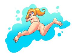 Rule 34 | 1girl, absurdres, anus, artist name, ass, blue eyes, cleft of venus, completely nude, from behind, highres, long hair, looking at viewer, looking back, minuspal, mona (warioware), nintendo, nude, orange hair, parted lips, ponytail, pussy, uncensored, underwater, variant set, warioware, warioware: move it!