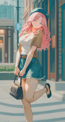 1girl absurdres bag belt beret black_footwear blue_eyes blue_hat blue_skirt breasts brown_belt brown_shirt city cleavage commission criss-cross_halter dated english_text hair_ornament halterneck hat highres holding holding_bag large_breasts long_hair looking_at_viewer melonyx parted_bangs pink_hair pixiv_commission qingli_ye shirt shirt_tucked_in skirt smile solo standing standing_on_one_leg thighs virtual_youtuber white_shirt yuzuki_ririna