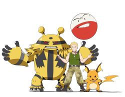 1boy biceps black_eyes blonde_hair boots camouflage camouflage_pants dog_tags electivire electrode_(pokemon) gen_1_pokemon gen_4_pokemon green_shirt grin hashtag-only_commentary highres holding holding_removed_eyewear legs_apart looking_at_viewer male_focus nintendo pants pokemon pokemon_(creature) pokemon_hgss psaber97 raichu shirt short_hair sleeveless sleeveless_shirt smile spiked_hair standing surge_(pokemon) teeth unworn_eyewear white_background