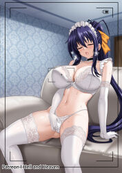 1girl black_hair bra breasts closed_eyes commentary_request couch elbow_gloves female_masturbation fingering fingering_through_clothes fingering_through_panties gloves hair_ribbon hellandheaven high_school_dxd highres himejima_akeno huge_antenna_hair indoors lace lace-trimmed_bra lace-trimmed_gloves lace-trimmed_legwear lace_trim large_breasts large_variant_set long_hair maid_headdress masturbation on_couch open_mouth orange_ribbon paid_reward_available panties patreon_username ponytail ribbon solo sweat thighhighs through_clothes underwear variant_set very_long_hair white_bra white_gloves white_panties white_thighhighs