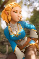 Rule 34 | 1girl, blonde hair, blue dress, blurry, blurry background, braid, breasts, brown pants, commentary, depth of field, dress, english commentary, green eyes, hair ornament, hairclip, highres, lollipop in mouth, looking to the side, medium breasts, nintendo, pants, patreon username, pointy ears, princess zelda, short hair, solo, sreliata, the legend of zelda