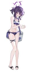 1girl absurdres alternate_costume alternate_hairstyle bare_legs bikini blue_archive breasts commentary_request cooler full_body halo haruka_(blue_archive) highres legs navel pink_hair purple_bikini purple_hair purple_halo revision sandals short_hair simple_background small_breasts solo stomach swimsuit thaba thigh_strap thighs toenails toes white_background