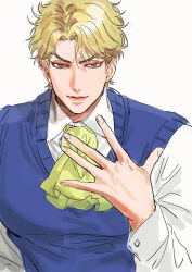 1boy arm_up ascot blonde_hair blue_sweater_vest bustersiri closed_mouth collared_shirt commentary_request curtained_hair dio_brando fingernails highres jojo_no_kimyou_na_bouken looking_at_viewer male_focus parted_hair phantom_blood red_eyes shirt short_hair short_sideburns simple_background smile solo sweater_vest upper_body white_background white_shirt wing_collar yellow_ascot