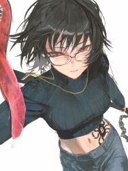 Rule 34 | 1girl, absurdres, black hair, black sweater, blue pants, breasts, brown eyes, closed mouth, commentary, cropped sweater, glasses, highres, holding, holding weapon, hunter x hunter, large breasts, looking at viewer, midriff, navel, niroxin, pants, shizuku murasaki, smile, solo, spider tattoo, sweater, tattoo, turtleneck, turtleneck sweater, weapon