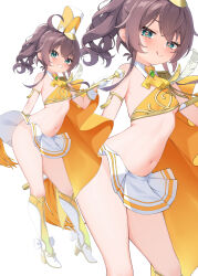 1girl :q ahoge band_uniform bare_shoulders blush breasts brooch brown_hair full_body gloves green_eyes grin hair_between_eyes hat heart heart-shaped_pupils highres hololive jewelry long_hair majorette marching_band_baton natsuiro_matsuri navel shako_cap simple_background skirt small_breasts smile solo stomach symbol-shaped_pupils tongue tongue_out virtual_youtuber white_background white_gloves wrist_cuffs yoshie_eneko