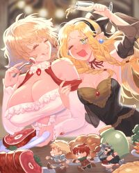 Rule 34 | 2girls, 3boys, beard, black dress, blonde hair, breasts, chilchuck tims, cleavage, cup, detached sleeves, dress, drinking glass, drunk, dungeon meshi, eating, elf, facial hair, fake horns, falin touden, falin touden (tallman), feather trim, food, goldfishu, helmet, highres, horned helmet, horns, huge breasts, laios touden, locked arms, marcille donato, meat, medium breasts, mini person, multiple boys, multiple girls, official alternate costume, pointy ears, red shawl, senshi (dungeon meshi), shawl, strapless, strapless dress, white dress, wine glass