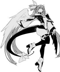 10mo 1girl angel_wings ass asymmetrical_wings bare_shoulders belt blush breasts center_opening detached_collar detached_sleeves dizzy_(guilty_gear) from_side full_body greyscale groin guilty_gear guilty_gear_xrd hair_between_eyes hair_ribbon hair_rings high_heels highres large_breasts leg_up long_hair looking_at_viewer mature_female midriff monochrome monster_girl navel ribbon showgirl_skirt simple_background skindentation skirt stomach tail tail_ornament tail_ribbon thick_thighs thigh_strap thighs toned twintails underboob very_long_hair white_background wide_sleeves wings
