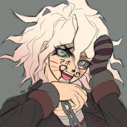 1boy :d black_jacket collar collarbone danganronpa_(series) danganronpa_another_episode:_ultra_despair_girls facepaint grey_background grey_eyes grey_hair grin jacket komaeda_nagito long_sleeves male_focus medium_hair metal_collar mittens multicolored_hair open_mouth servant_(danganronpa) shirt simple_background smile solo suika_no9 teeth two-tone_hair upper_teeth_only
