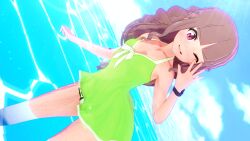 1girl 3d artist_request brown_hair digimon digimon_ghost_game female_focus highres long_hair one-piece_swimsuit pink_eyes solo swimsuit swimsuit_skirt tsukiyono_ruli water