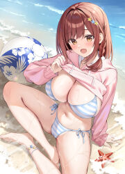 1girl anklet arm_support ball bare_shoulders beach beachball bead_anklet beads bikini blue_bikini blush braid breasts brown_hair cleavage clothes_lift collarbone commentary_request day feet hair_between_eyes hair_ornament hand_up highres hood hoodie hoodie_lift indian_style jewelry large_breasts legs lifting_own_clothes long_hair long_sleeves looking_at_viewer navel ocean open_mouth original oryo_(oryo04) outdoors pink_hoodie shallow_water side-tie_bikini_bottom side_braid sidelocks sitting solo star_(symbol) star_hair_ornament starfish stomach striped_bikini striped_clothes sunlight swimsuit thighs water waves yellow_eyes