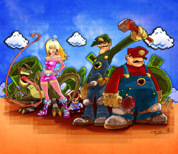 1girl 4boys blonde_hair boots breasts cloud crown facial_hair fishnets gloves green_headwear hands_on_own_hips hat long_hair long_tongue luigi mario mario_(series) miniskirt multiple_boys mustache nintendo pencil_skirt plunger princess princess_peach red_theme redesign short_hair skirt sky super_mario_bros._1 thighhighs toad_(mario) tongue tongue_out warp_pipe wrench yoshi zettai_ryouiki
