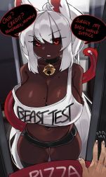 1girl animal_ears bell black_sclera black_shorts black_thighhighs breasts cat_ears cat_girl cat_tail cleavage clothes_writing coco_(bakeneko) collar colored_sclera dark-skinned_female dark_skin delivery doorway english_text flying_sweatdrops food highres huge_breasts long_hair looking_at_viewer midriff mole mole_on_breast mole_under_eye navel neck_bell original parted_lips pizza pizza_delivery ponytail red_eyes shirt short_shorts shorts speech_bubble strap_slip tail tank_top teeth thighhighs very_dark_skin very_long_hair white_hair white_shirt zanamaoria