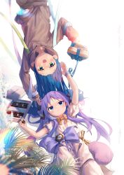 2girls absurdres ap04astral blue_eyes blue_hair bow box box_of_chocolates brooch brown_hoodie brown_pants fern happy_valentine heart heart-shaped_box heart-shaped_pillow highres hiiragi_kagami hood hoodie izumi_konata jewelry lucky_star multiple_girls pants pillow purple_bow purple_hair smile twintails upside-down